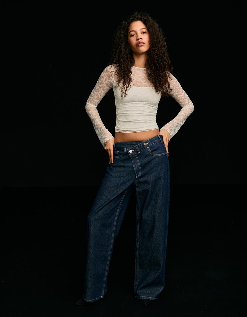 T-shirt à manches longues en dentelle-Écru