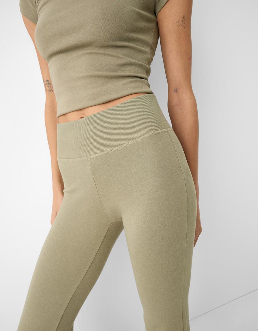 Ribbed waist flared trousers-Khaki-5