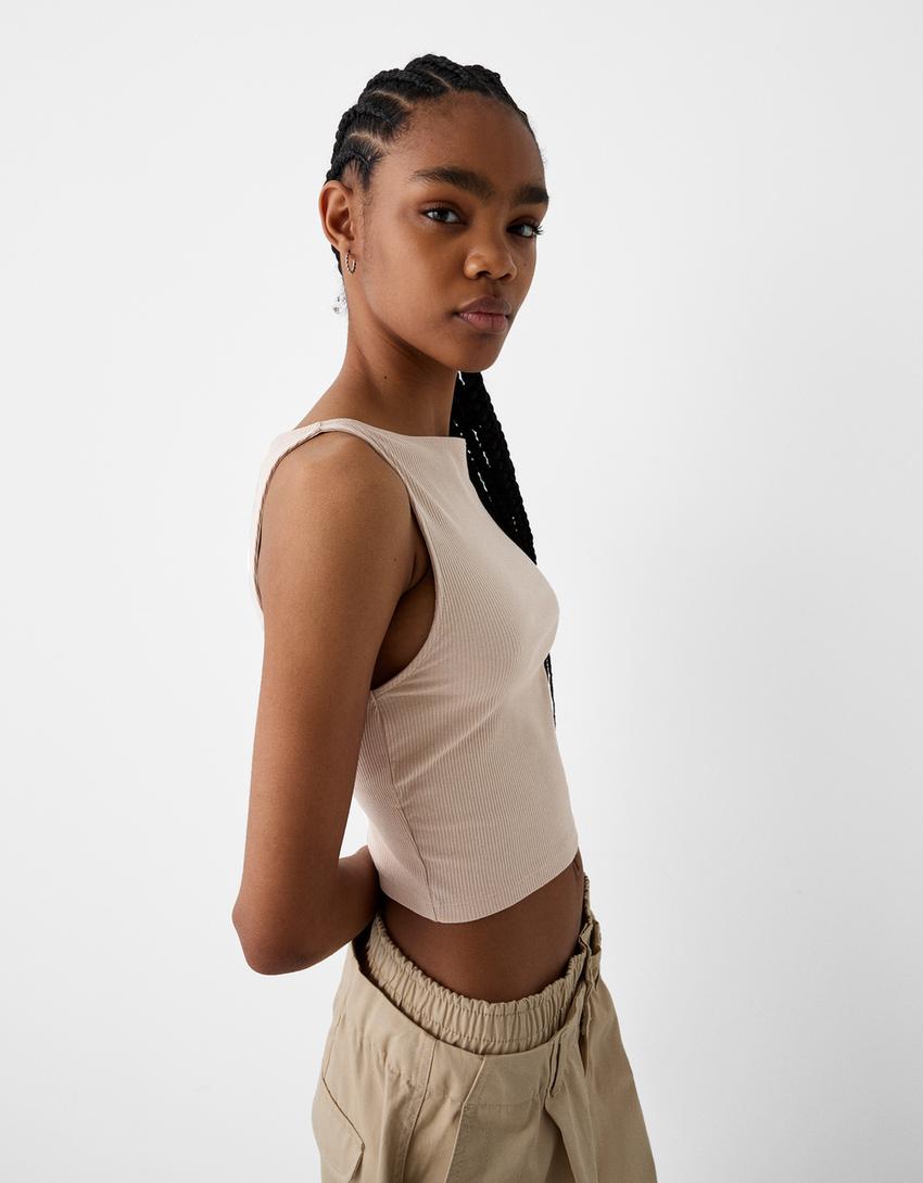 Sleeveless ribbed T-shirt-Camel-2