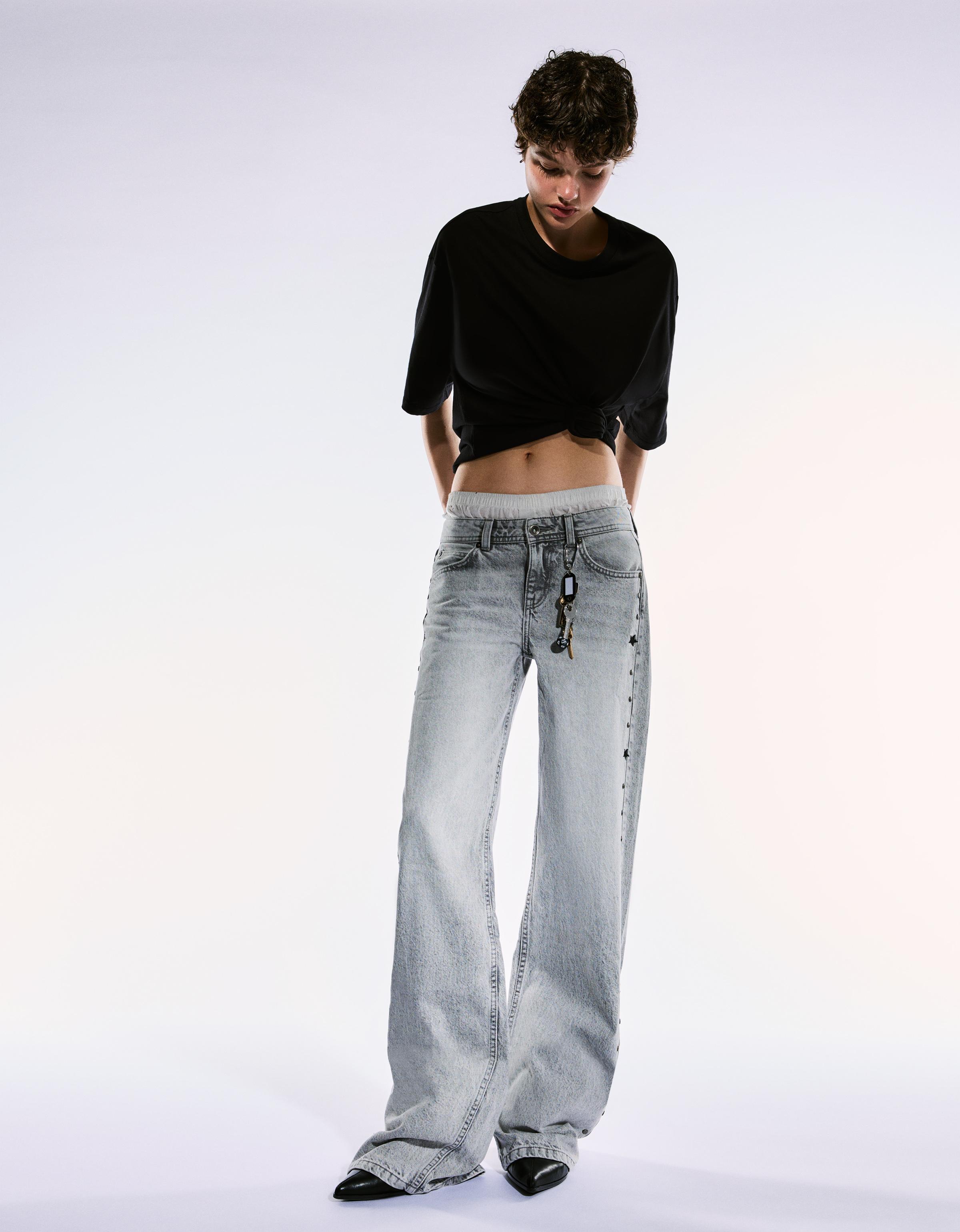 Bershka Baggy Jeans Mit Sternnieten Damen 40 Grau