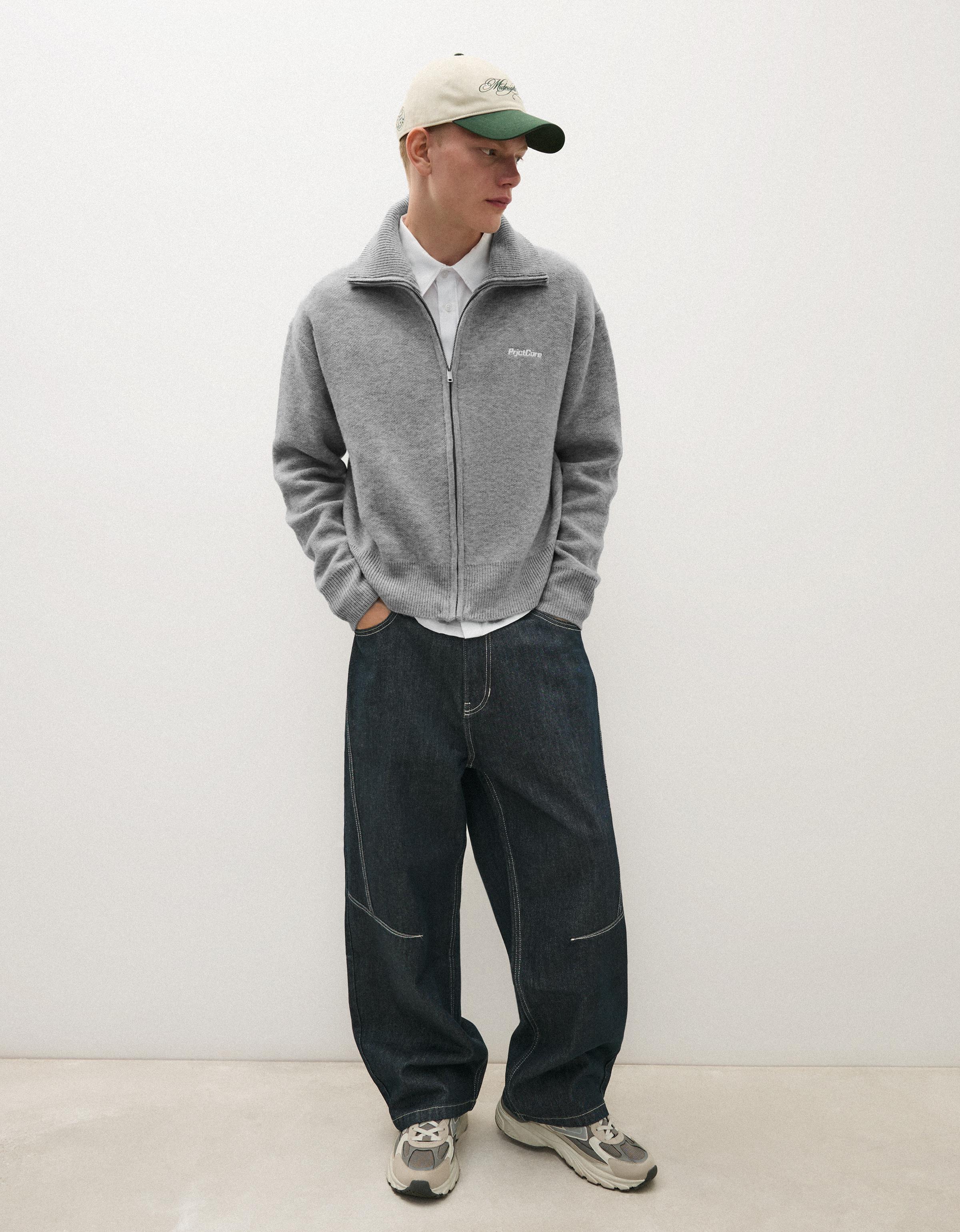 Bershka Chaqueta Punto Cremallera Boxy Hombre L Gris