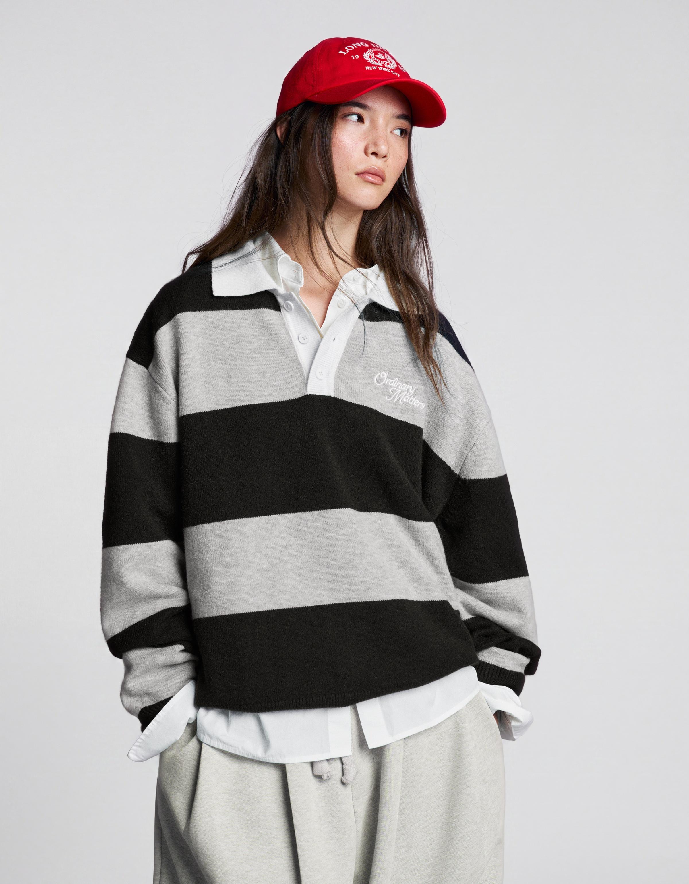 Contrast stripe polo collar jumper — Navy