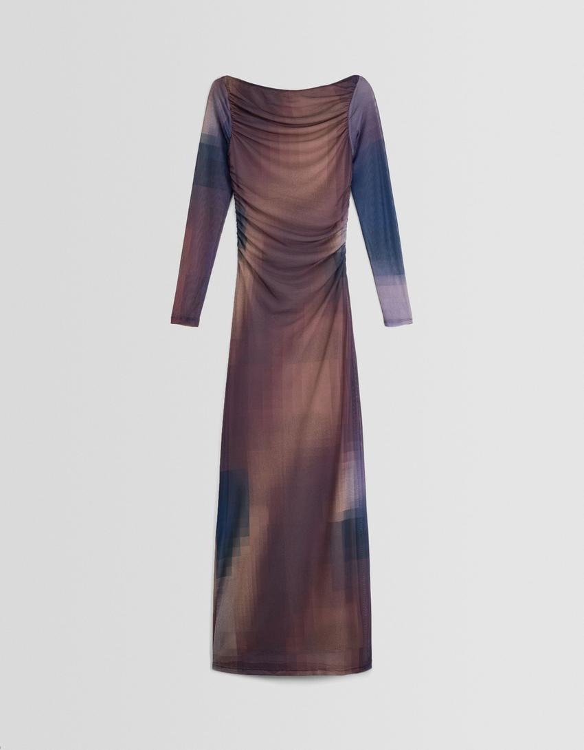 Long tulle dress with long sleeves and a print-Violet