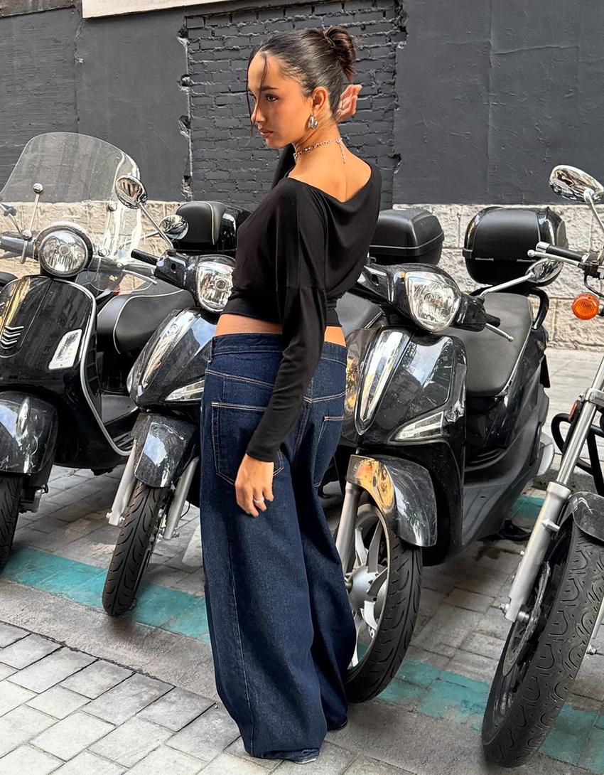 Wide-leg jeans with crossover waist-Navy