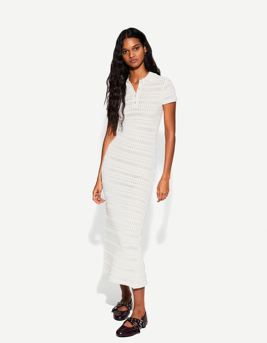 Polo collar openwork midi dress-Cream-0
