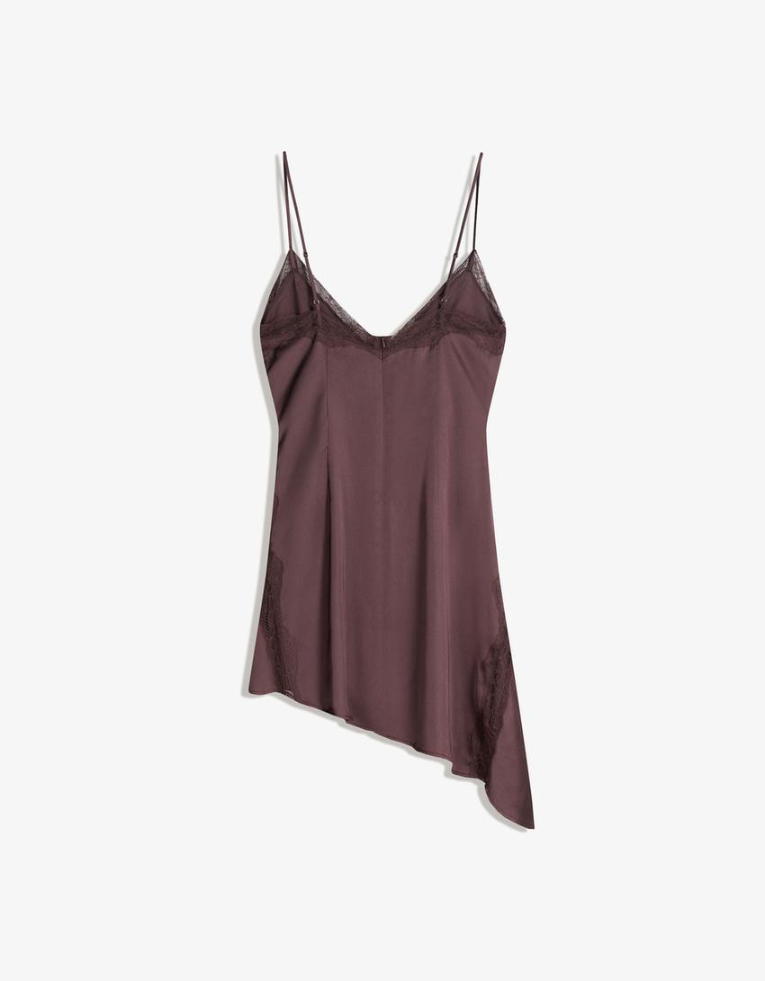 Vestido mini assimétrico de cetim com renda-Marrom
