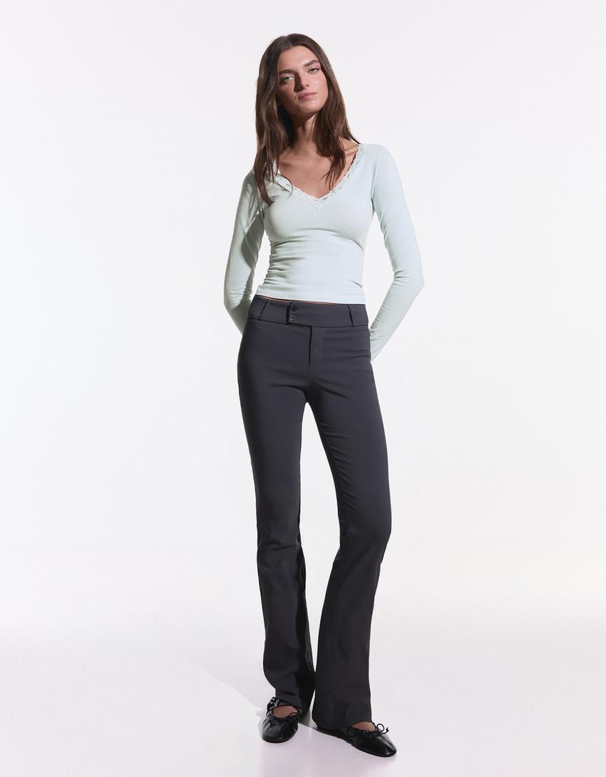 Long-sleeved lace T-shirt-Light blue