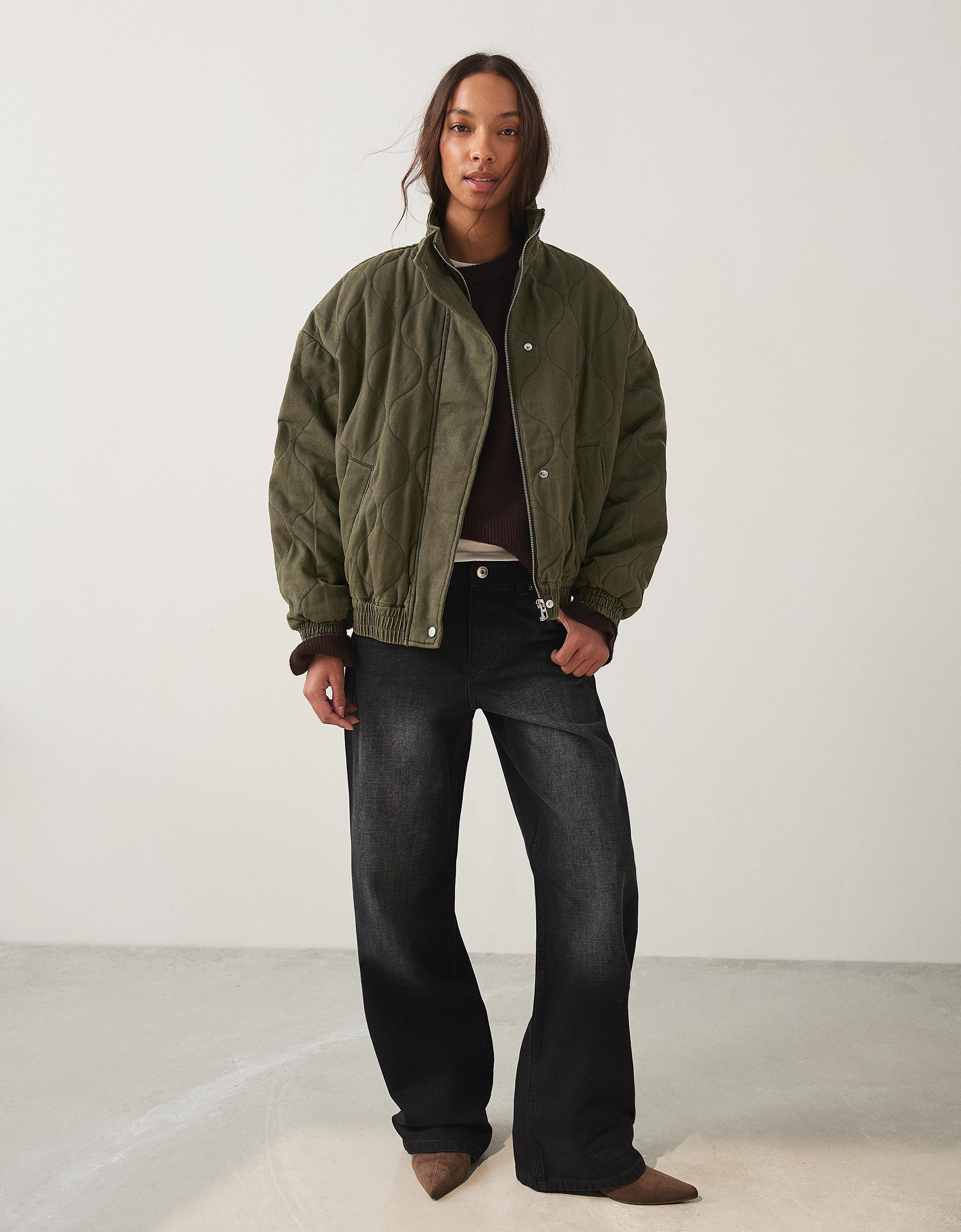 Bershka Jacke Mit Zopfmuster-Stickerei Damen M-L Khaki