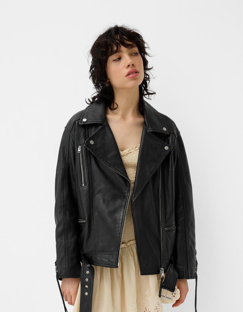 Leather biker jacket with tie detail-Black-0