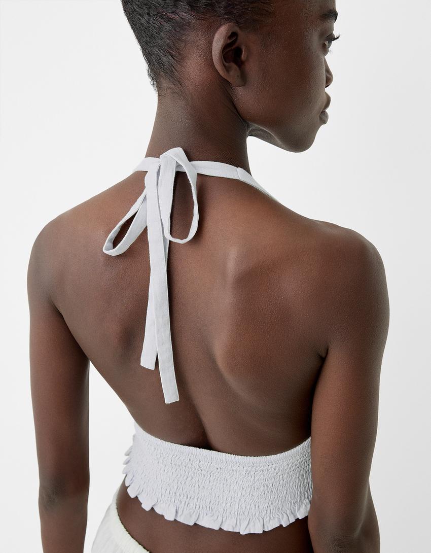 Crop top encolure américaine avec lin-Bleu clair-2