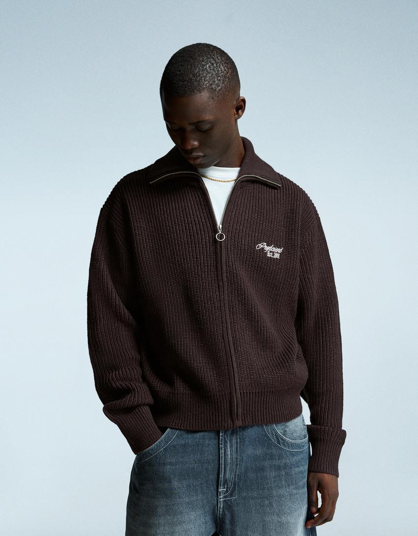 Veste zippée brodée-Marron