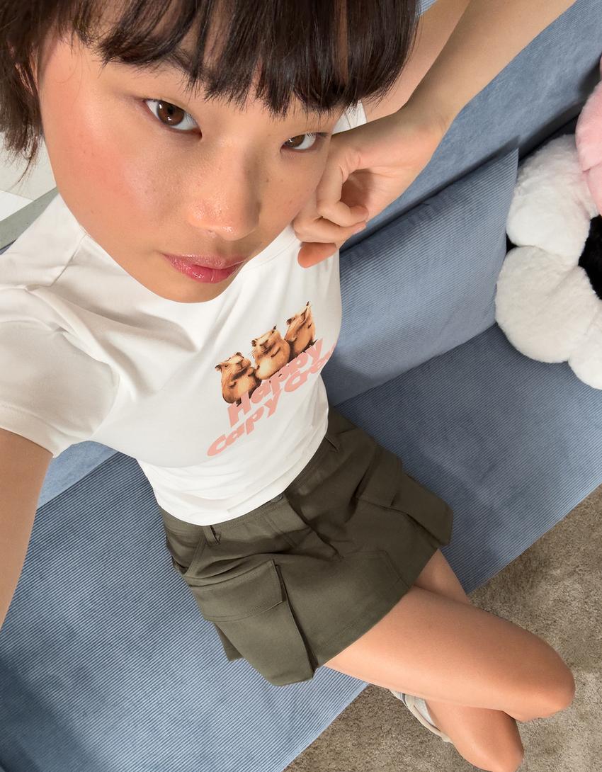 Koszulka z krótkim rękawem i nadrukiem-Biały złamany