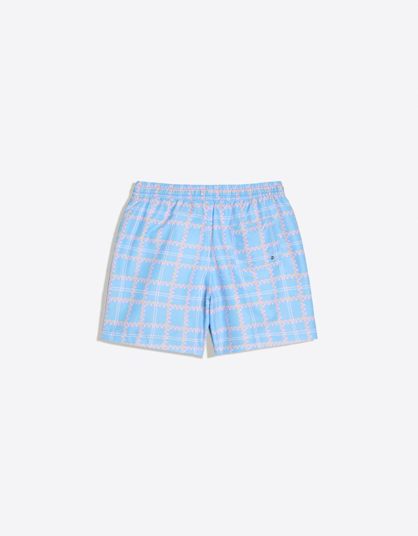 Check print swimming trunks-Light blue