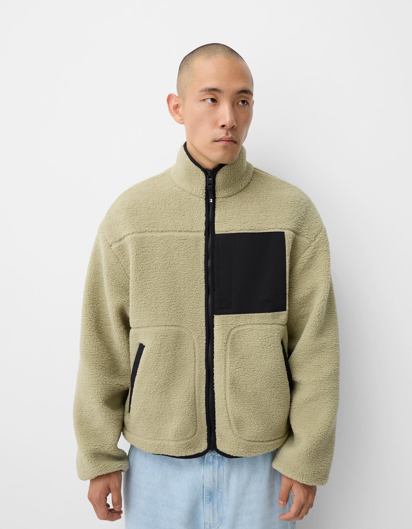 Bershka Giacca Montone Sintetico Contrasti Uomo Xs Verde