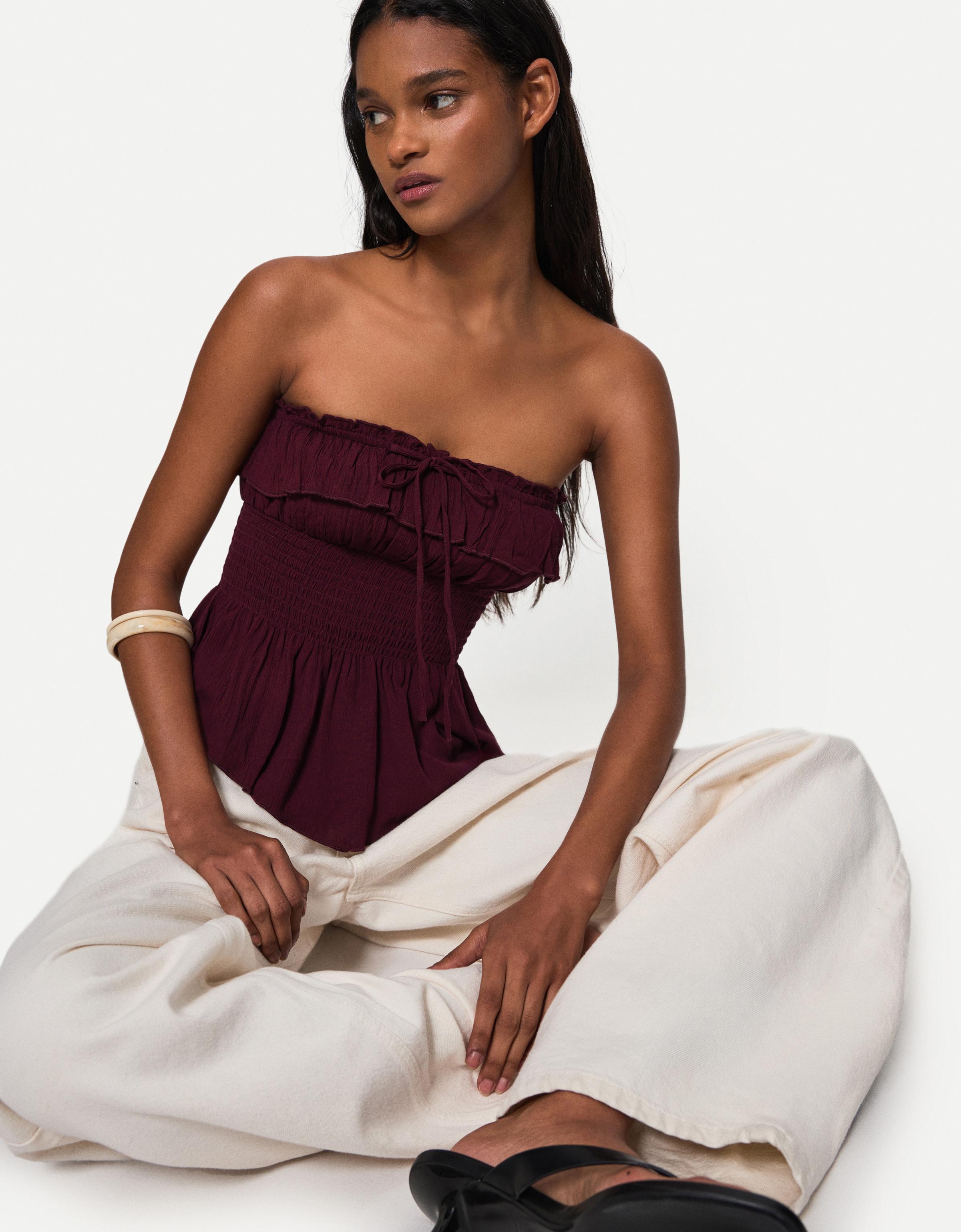 Bershka Bandeau-Top Mit Textur Und Volant Damen L Violett