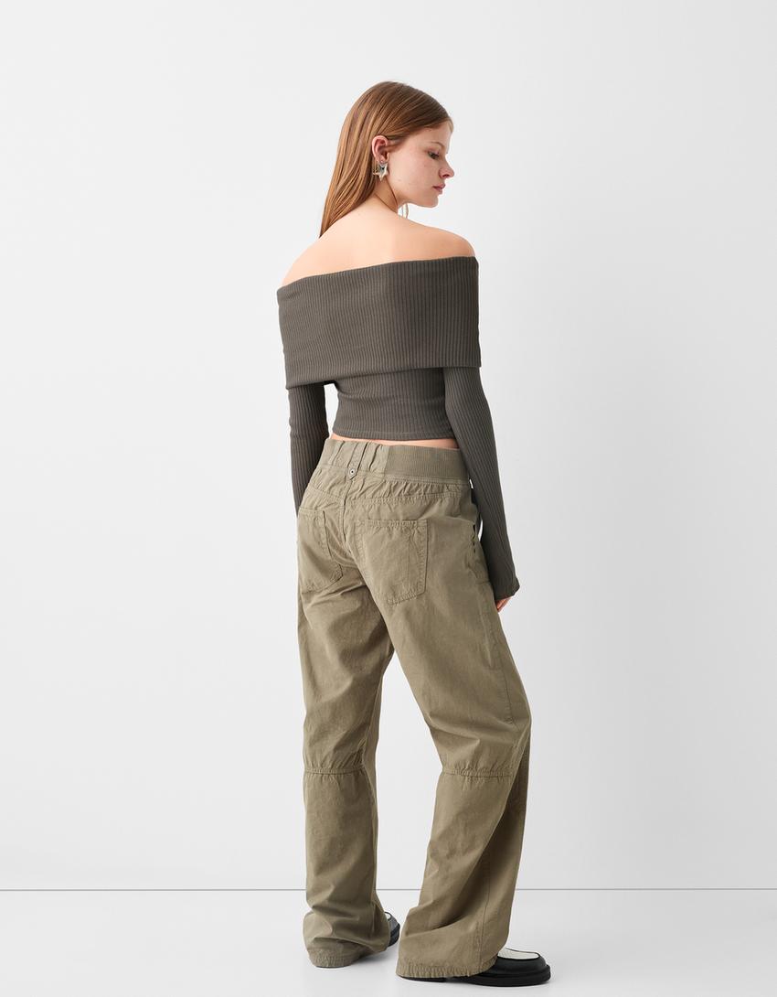 Embroidered long sleeve off-the-shoulder sweater-Dark grey