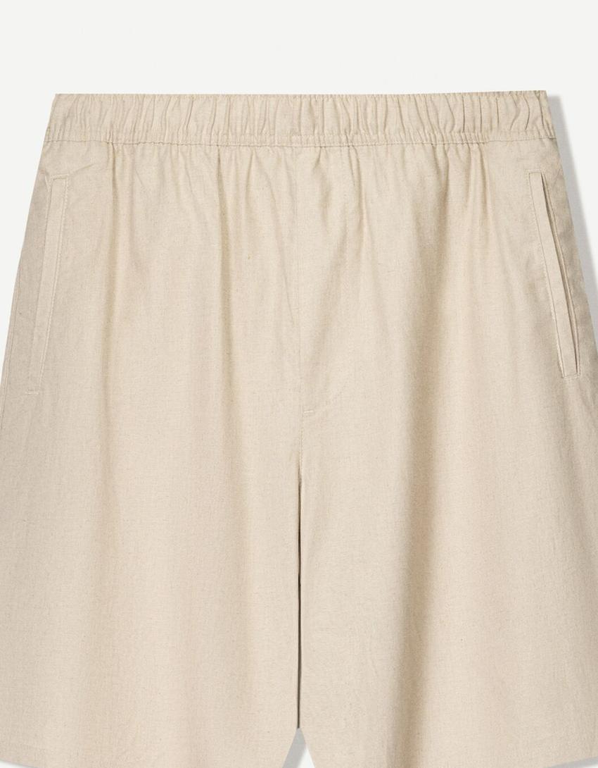 Loose linen blend jogger Bermuda shorts-Sand