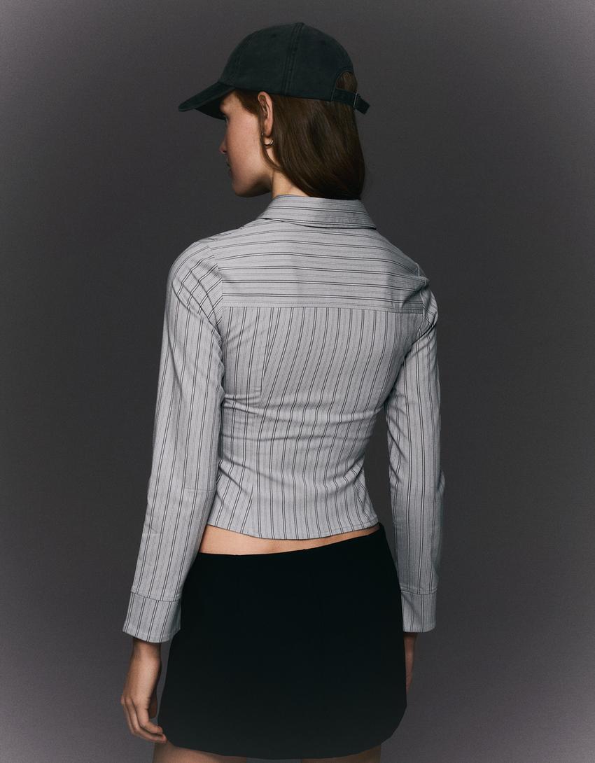 Long sleeve zip-up shirt-Grey