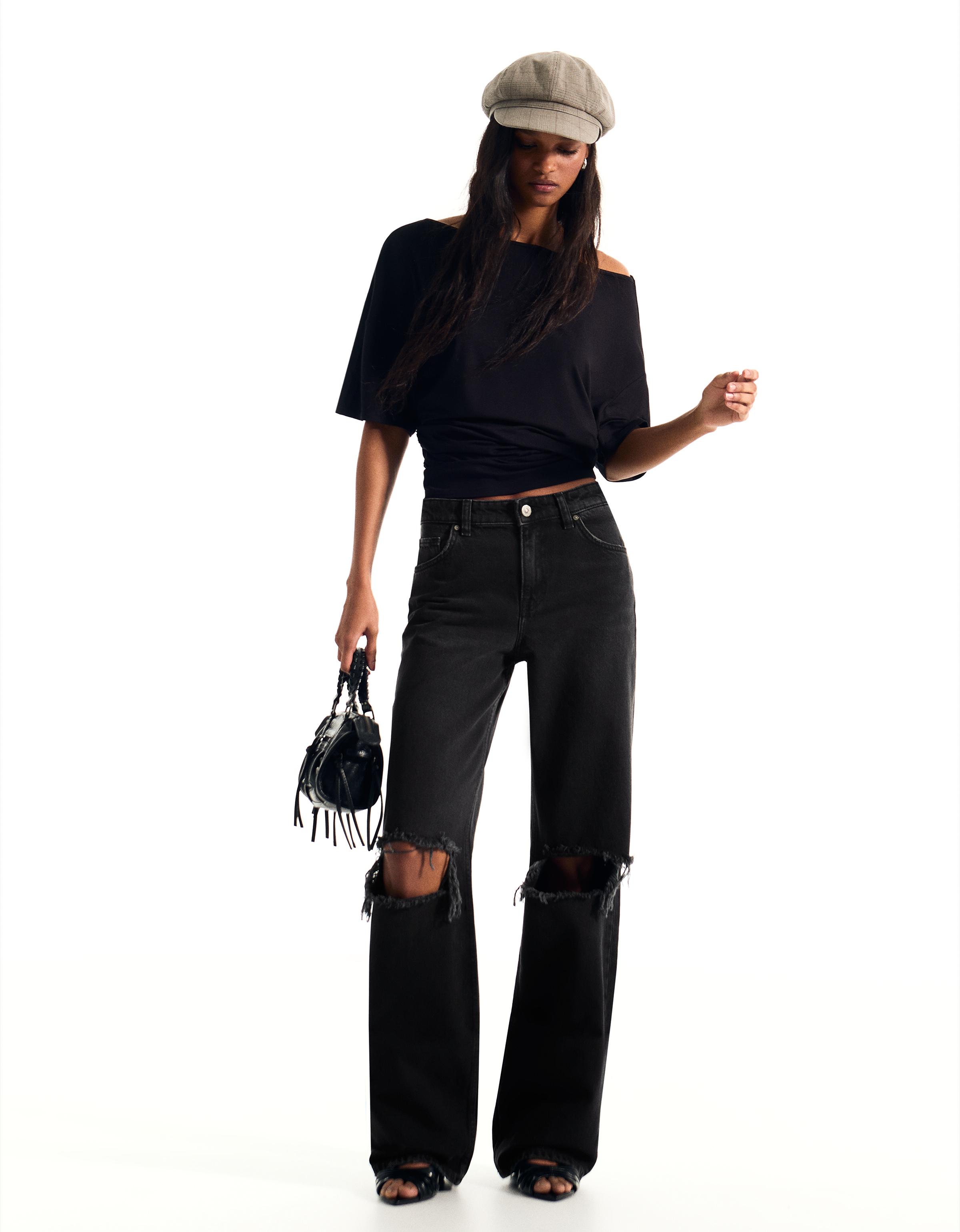 Yüksek bel distressed geniş paça jean - Görsel 81