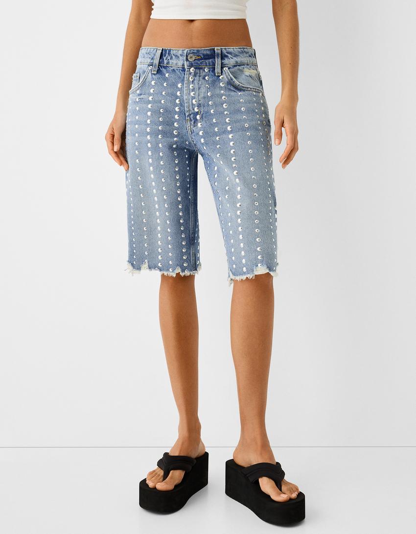 شورت برمودا دنيم بدبابيس معدنية-أزرق فاتح-1