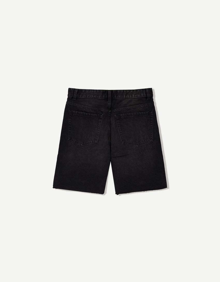Ripped denim Bermuda shorts-Black