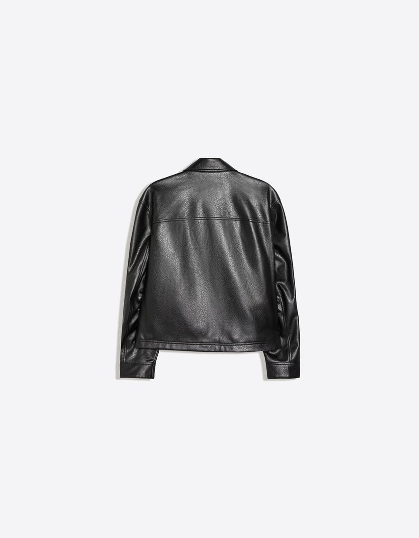 Kunstlederjacke mit Knebelknöpfen-Schwarz