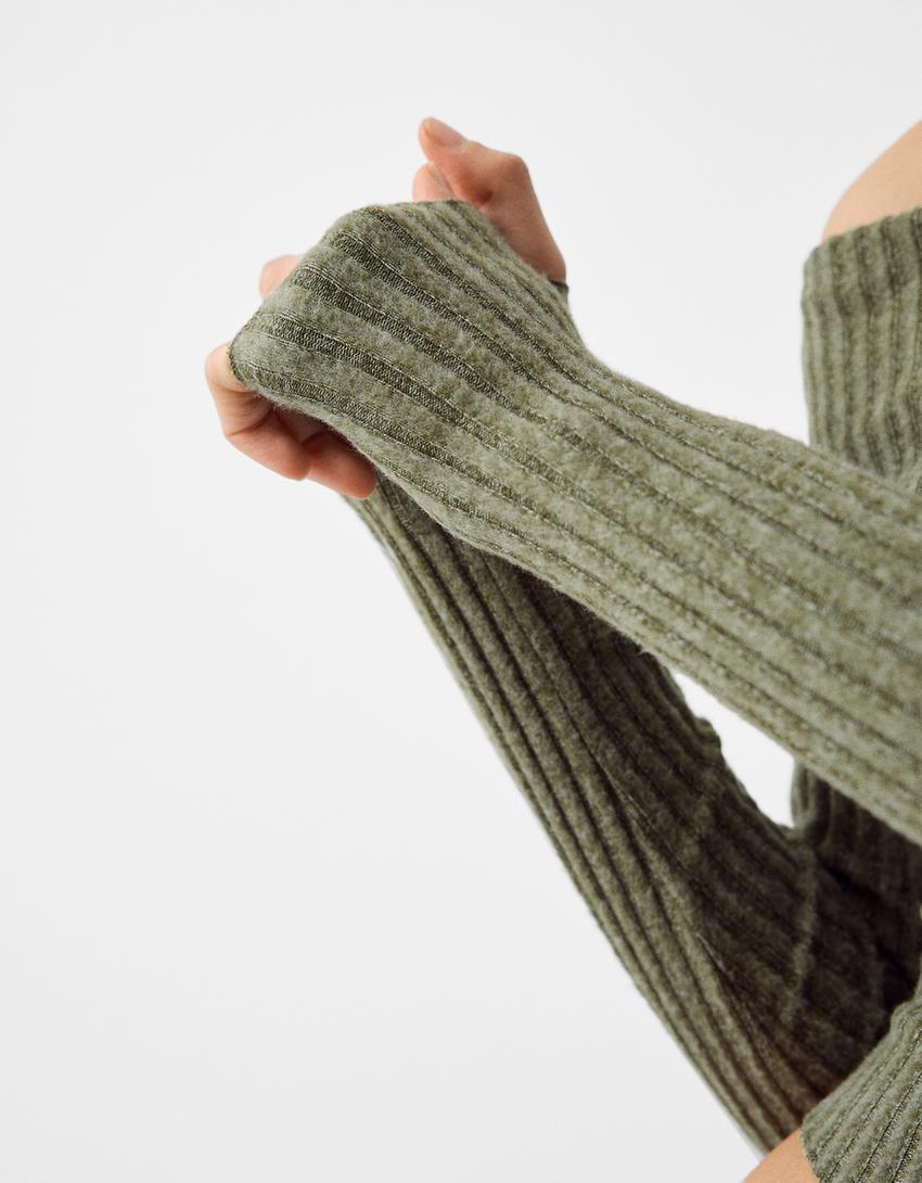 تيشرت باردو مضلع بأكمام طويلة-كاكي-5