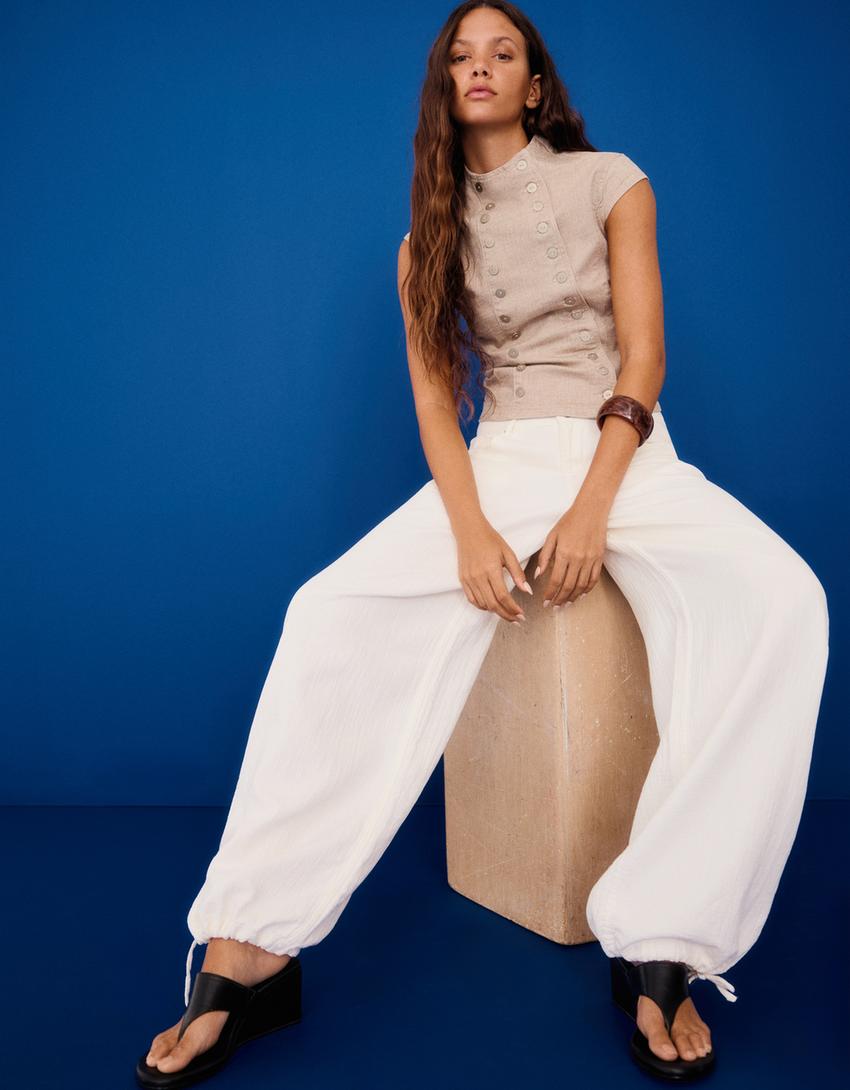 Jeans wide balloon taille basse-Écru