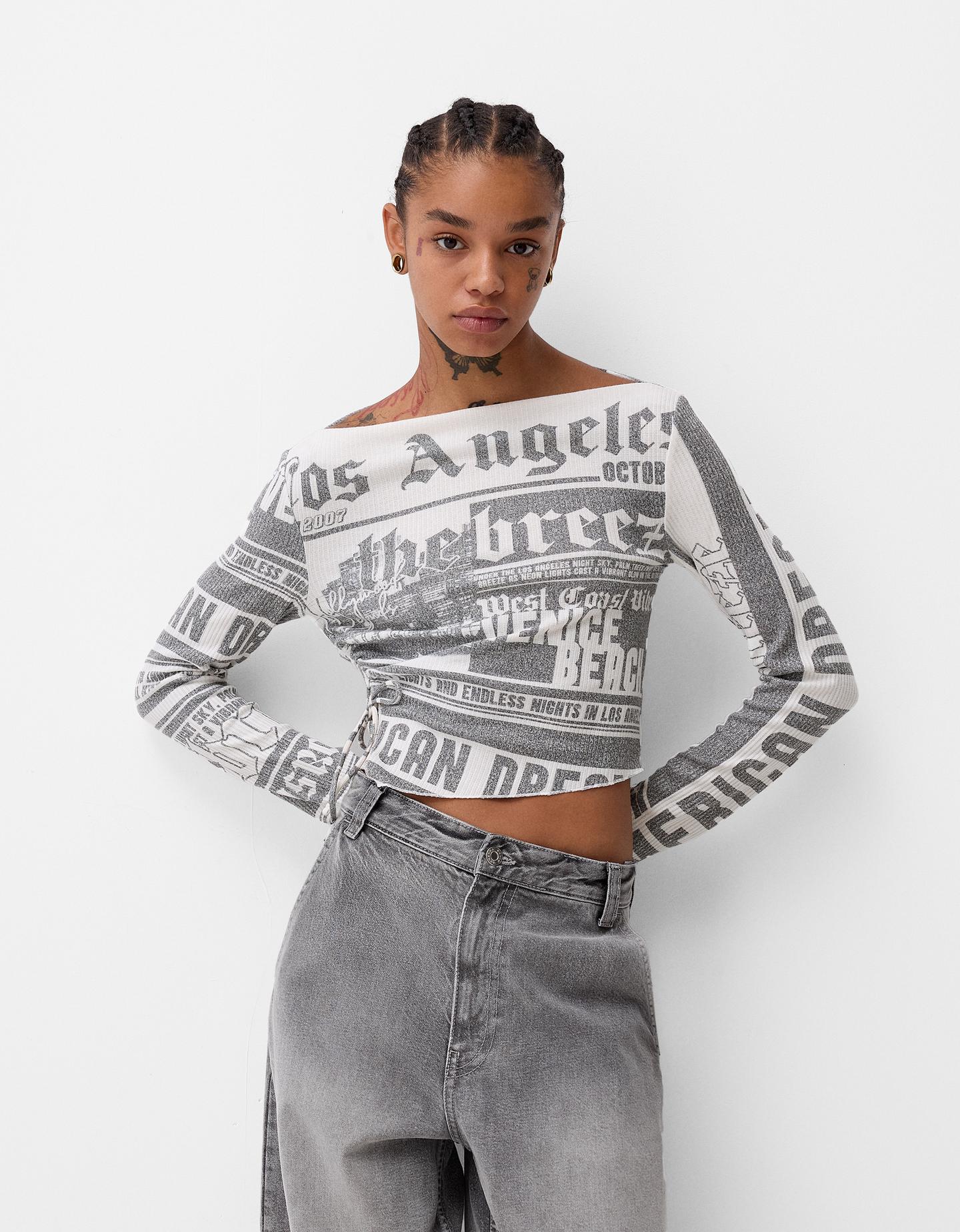 Bershka Jersey Manga Larga Print Mujer Xs Gris