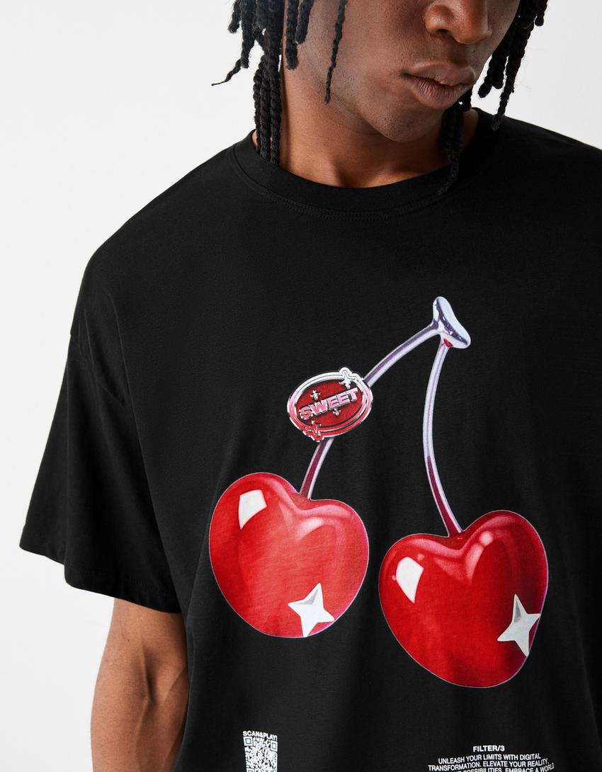 T-shirt Bershka Wearable Art oversize fit com estampado-Preto-6