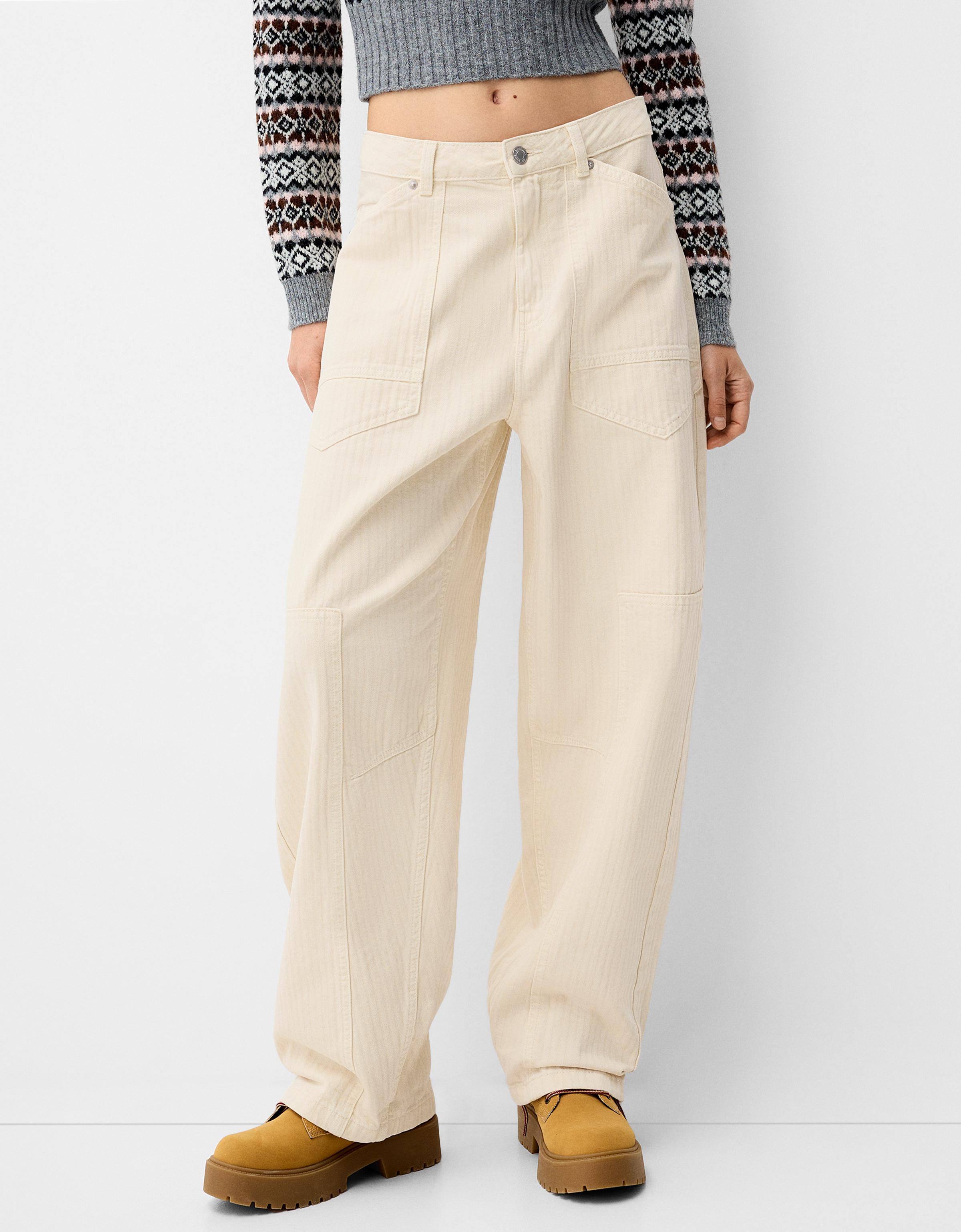 Bershka Workwear-Hose Aus Serge Damen 42 Rohweiß