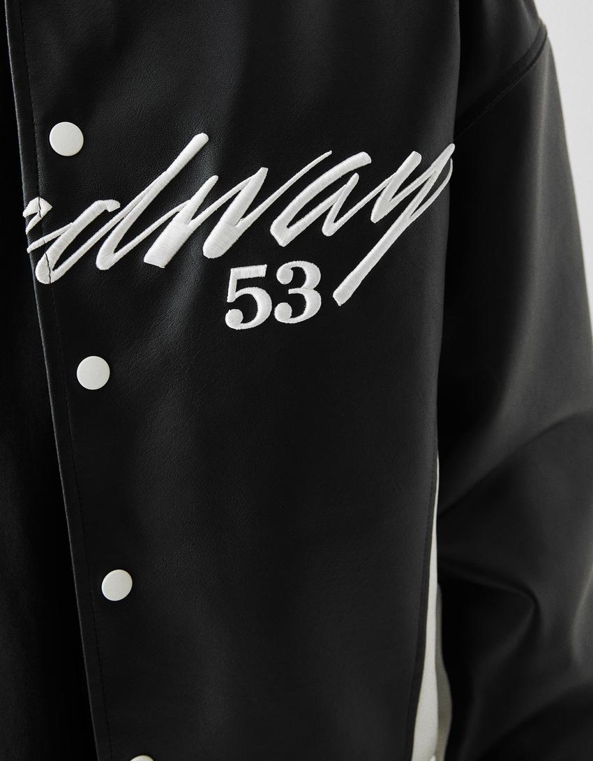 جاكيت بيسبول جلد صناعي مطرز-أسود-7