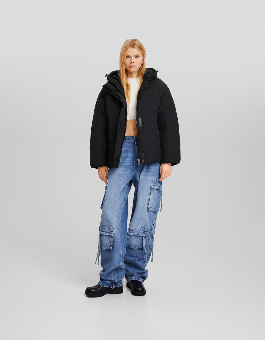 Nylon quilted jacket with hood-Black