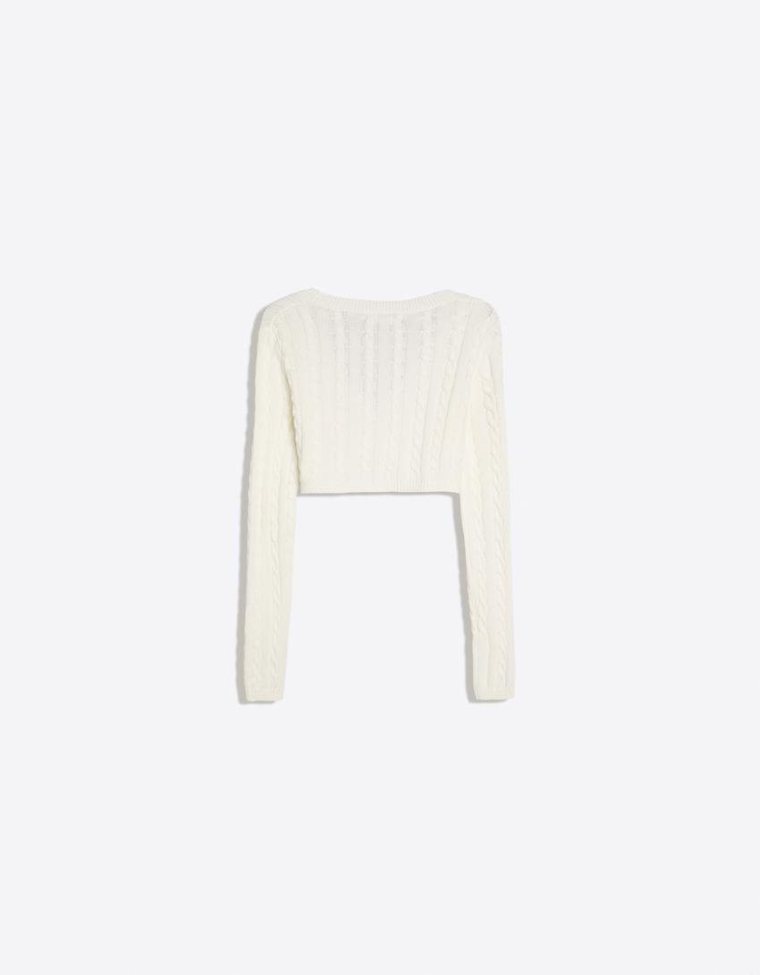 Cropped-Jacke aus Zopfstrick-Rohweiß