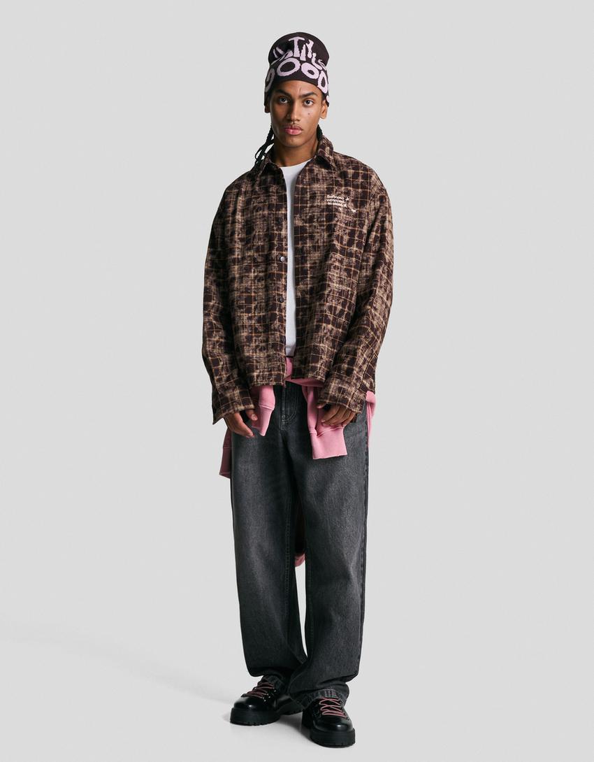 Oversize check shirt-Brown
