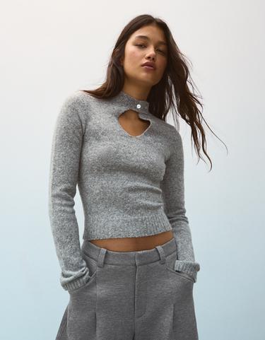 High-neck jumper with keyhole detail — Grey 1