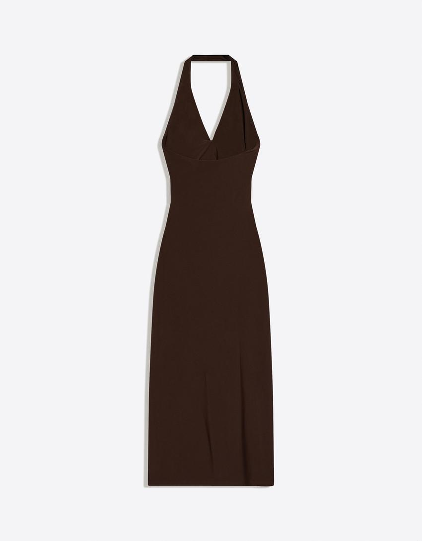 Robe midi encolure américaine-Marron