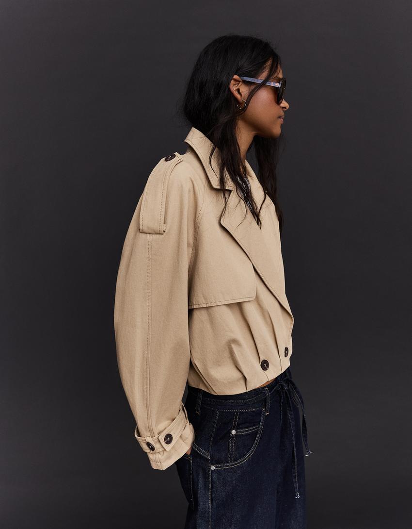 Trench cropped efeito balão-Camelo