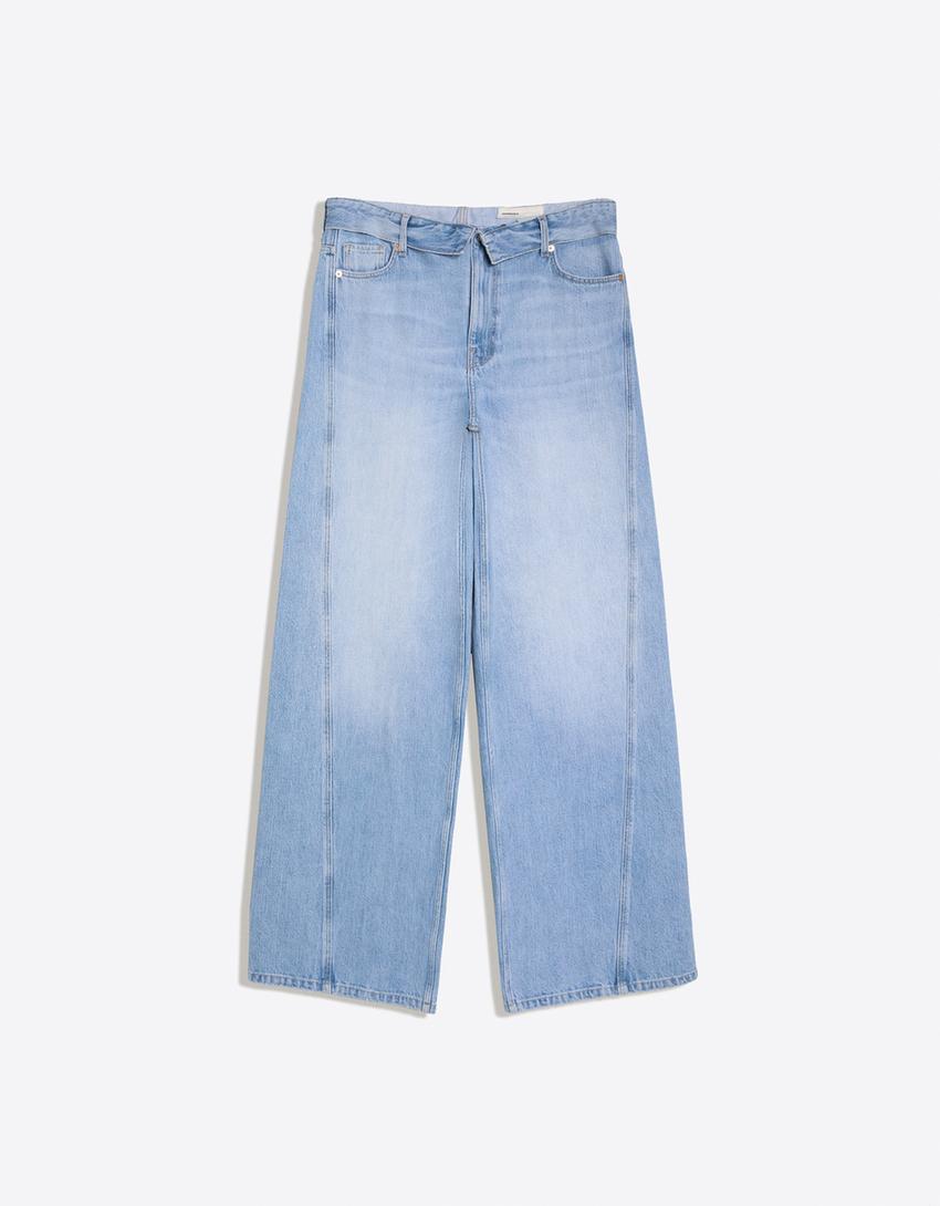 Barrel Jeans mit umgeschlagenem Bund-Ausgewaschenes Blau