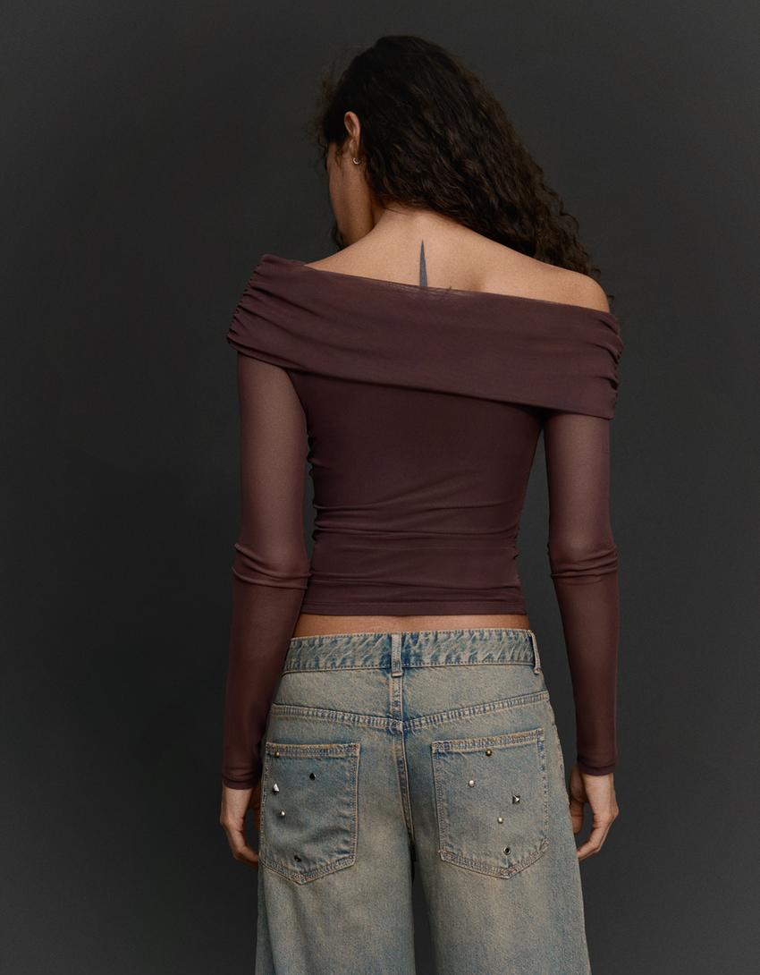 Asymmetric tulle long sleeve T-shirt-Brown