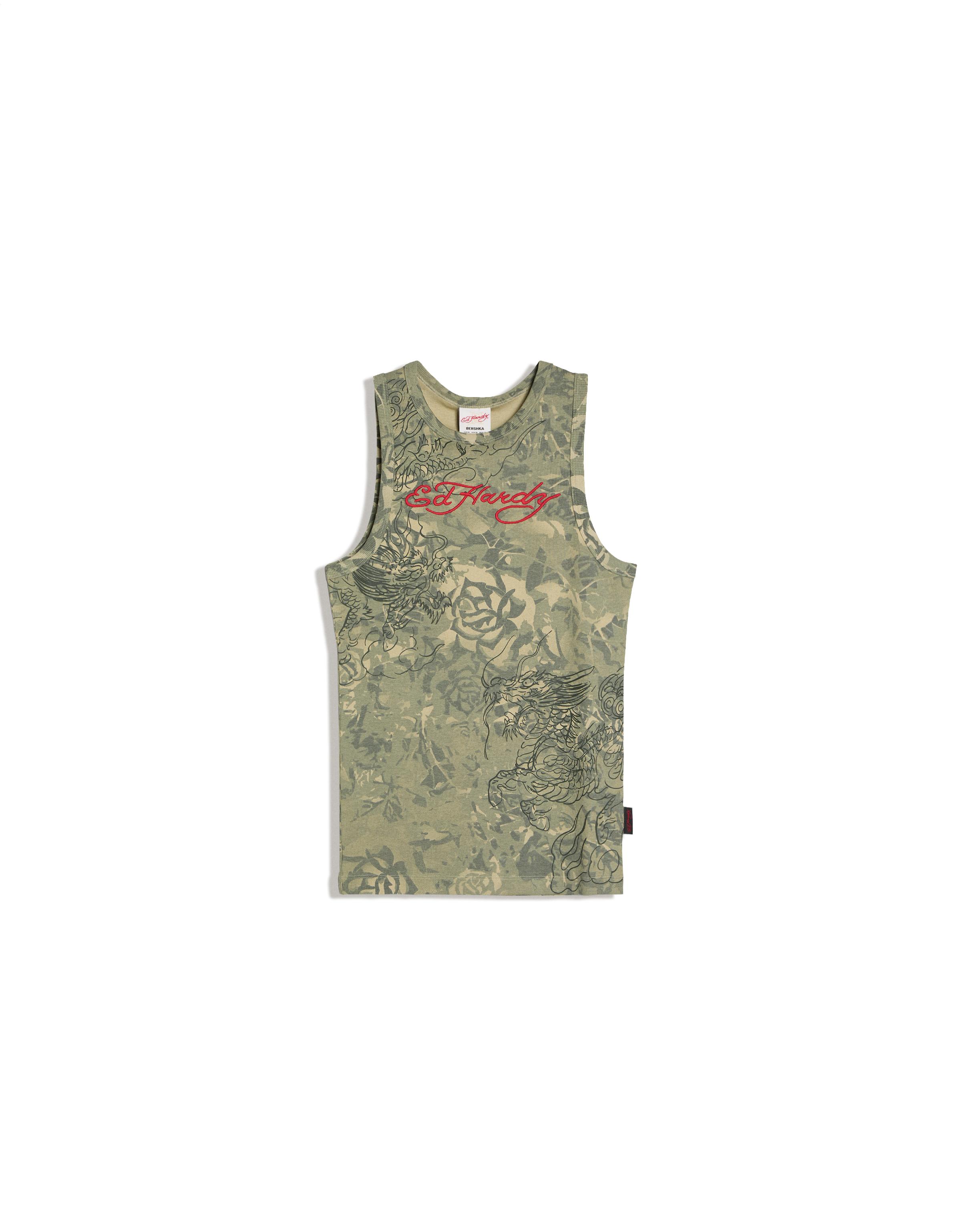 ED HARDY X BERSHKA print vest top — Khaki