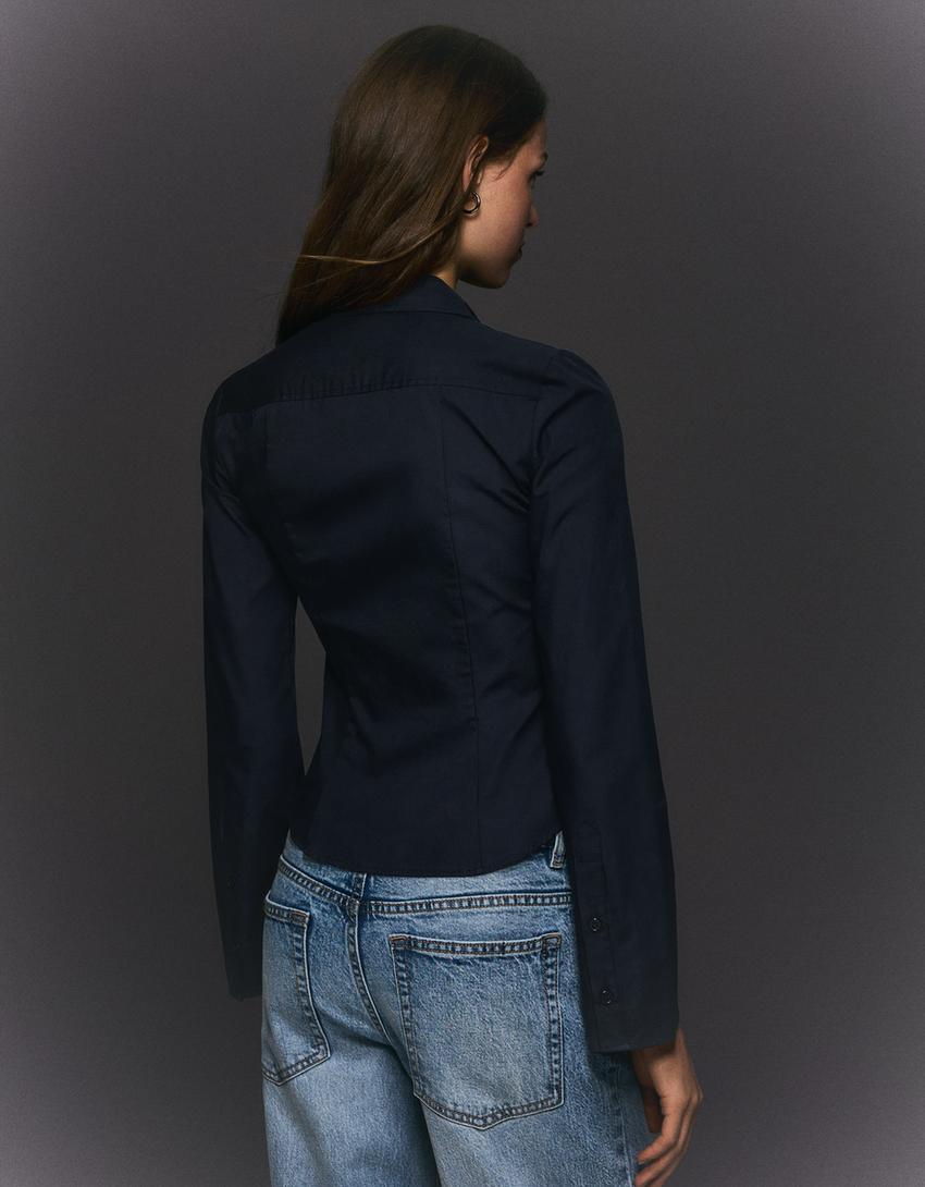 قميص ضيق بأكمام جرسية-كحلي