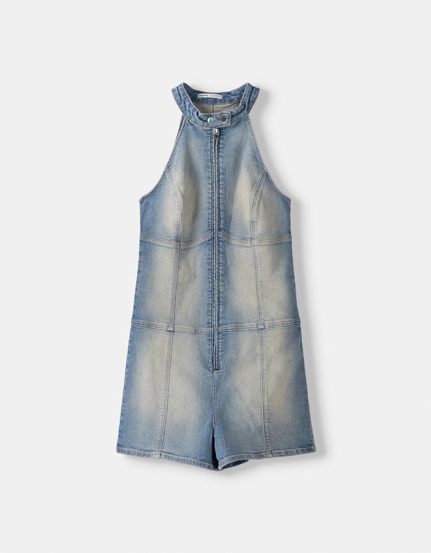 Macacão denim curto zip-Azul lavado-4