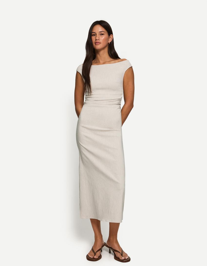 Stretch midi dress-Sand