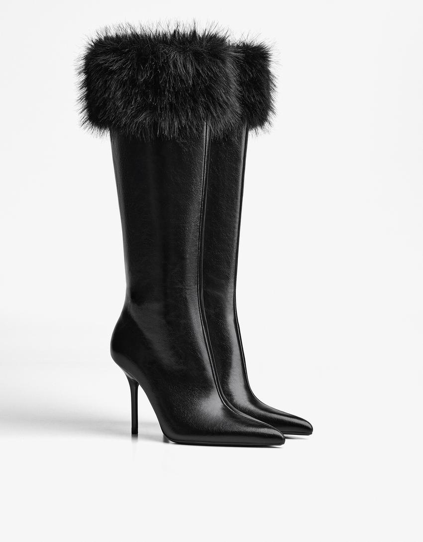 Bota tacón detalle pelo-Negro