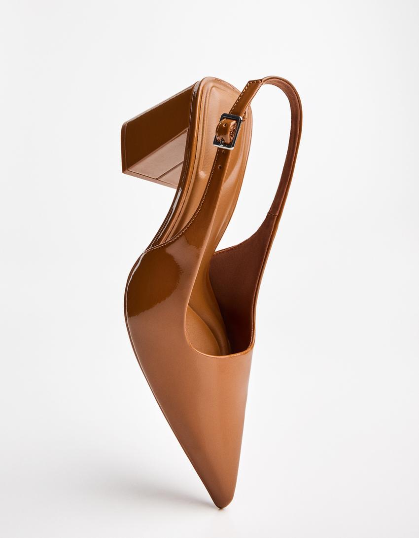 Block heel slingback shoes-Tan-2
