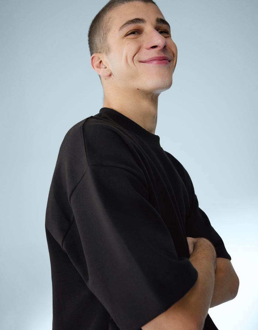 Κοντομάνικη φλις μπλούζα ριμπ-Μαύρο