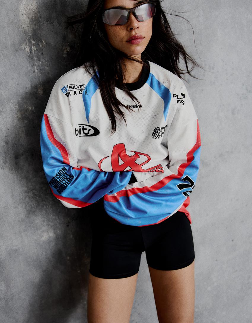 Printed long sleeve technical fabric T-shirt-Off white