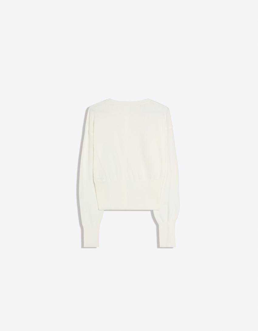 Striped crew neck button-up jacket-Cream