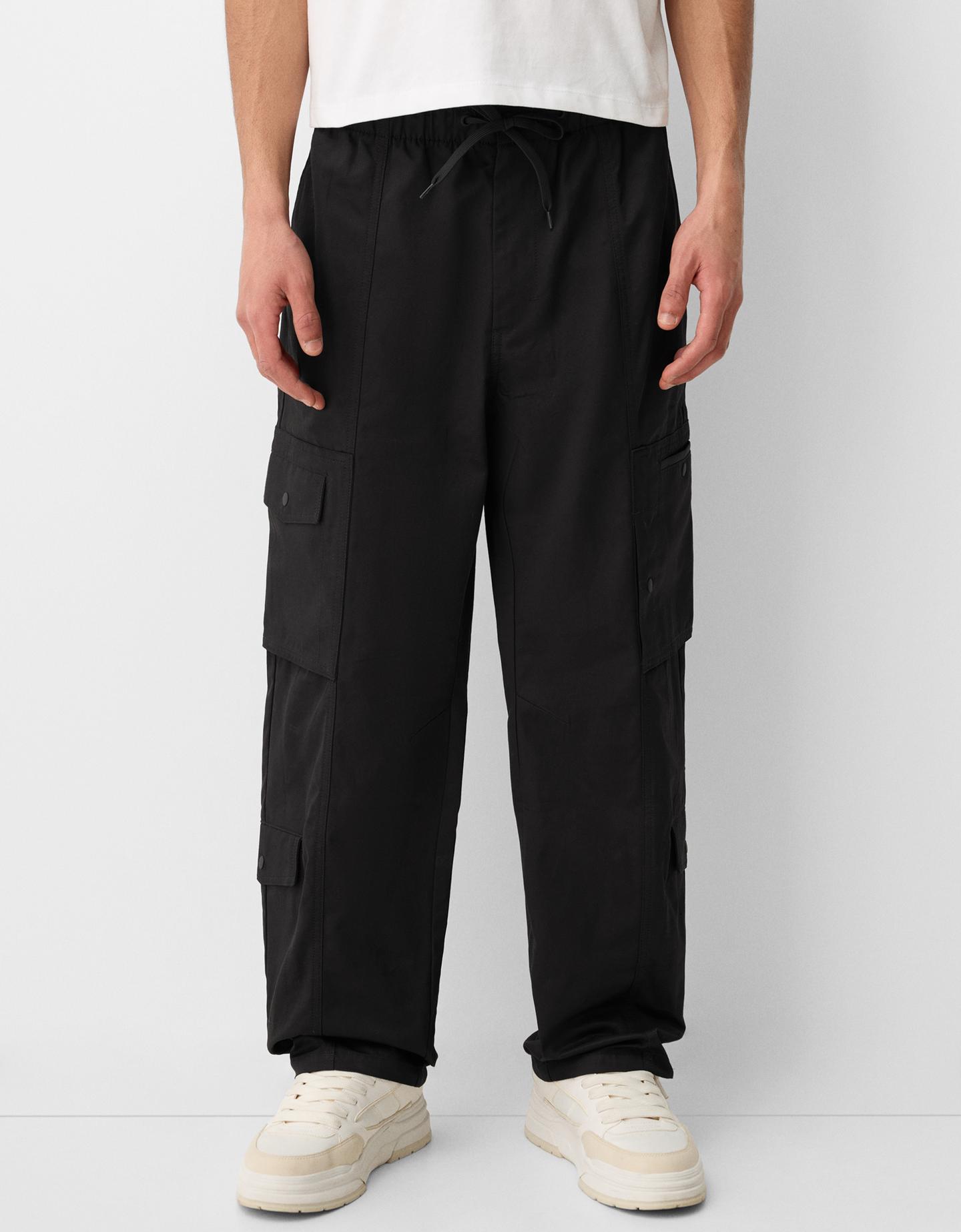 Bershka Pantaloni Wide Fit Multicargo Uomo Xs Nero